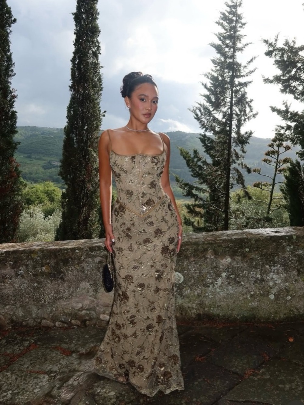 House of CB Naima Olive Bronze Hand Beaded Embellished Corset Maxi Dress NWOT